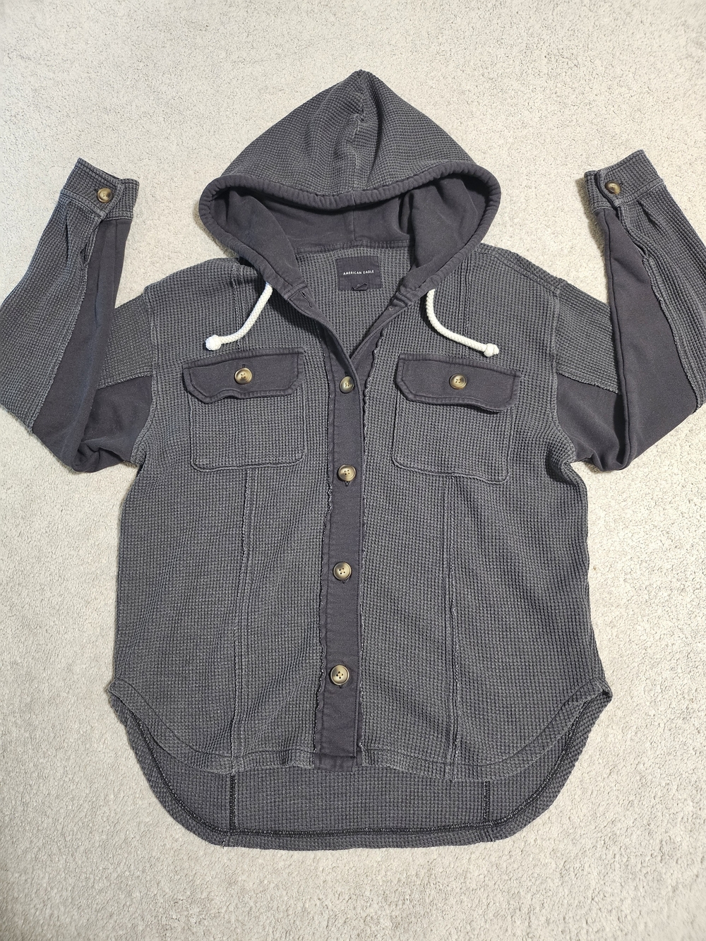 American Eagle Outfitters Gray Hooded Waffle-Knit Jacket